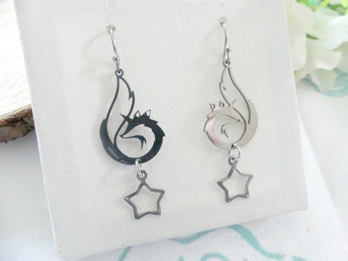 Boucles d'oreilles renard acier inoxydable argent 