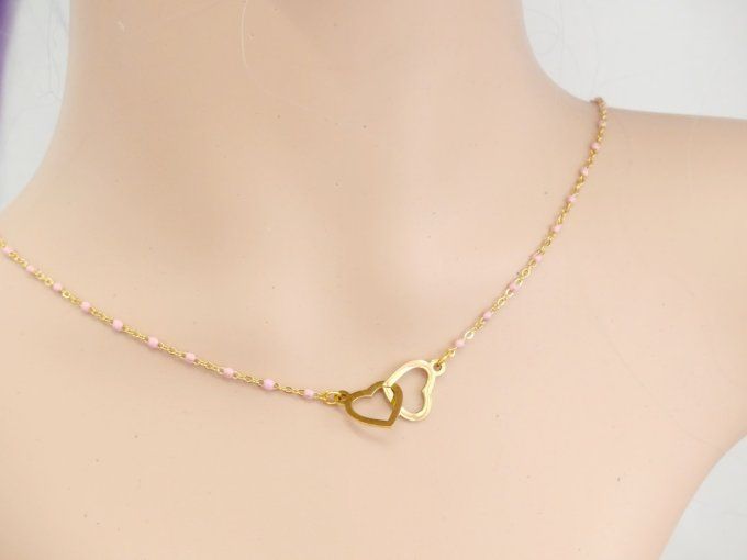 Collier double coeurs en acier inoxydable doré et rose