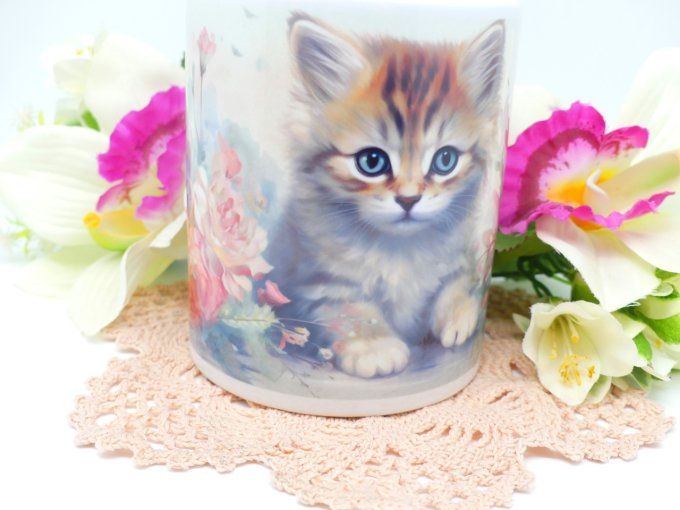 Mug 11 oz petit chaton romantique gris et feu