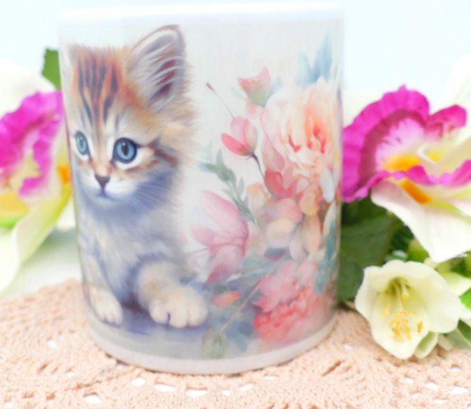 Mug 11 oz petit chaton romantique gris et feu