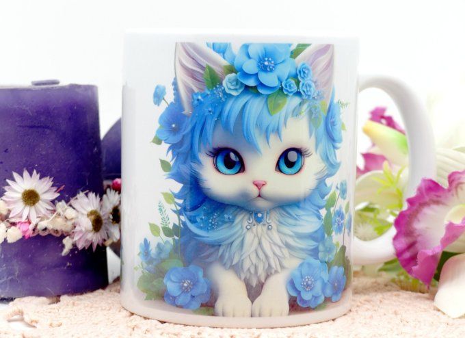 Mug  11 oz chat bleu et ses fleurs de même tons imprimé à chaud