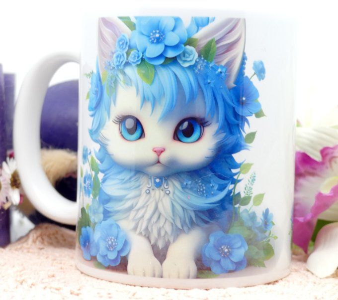 Mug  11 oz chat bleu et ses fleurs de même tons imprimé à chaud