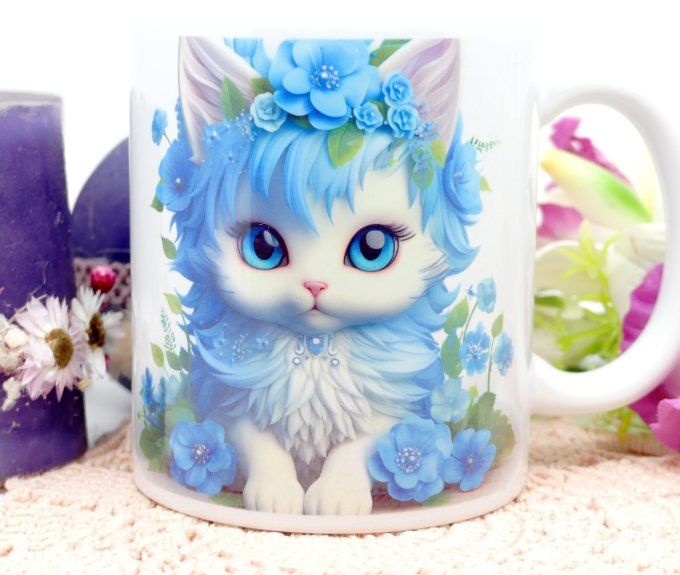 Mug  11 oz chat bleu et ses fleurs de même tons imprimé à chaud