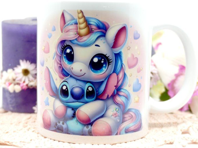 Mug céramique licorne et stitch impréssion à chaud