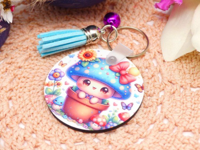 Porte clef kawaii tit champi en Mdf de ton bleu