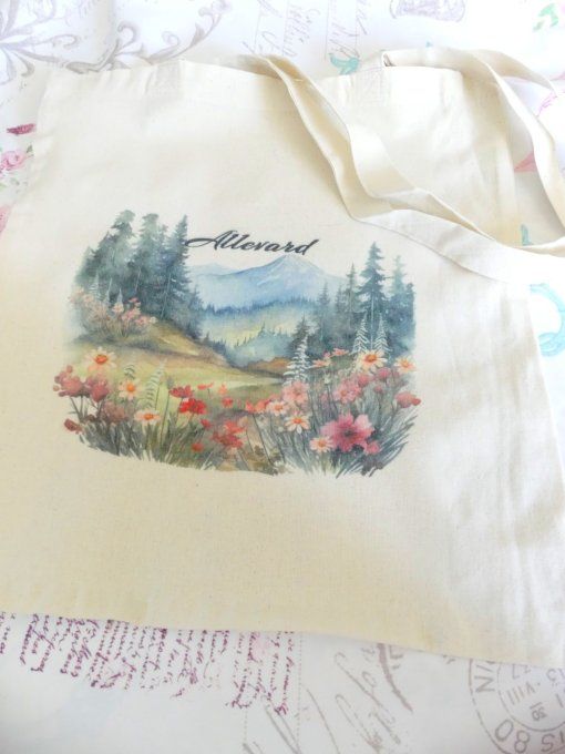 Tote bag écru imprimé montagne