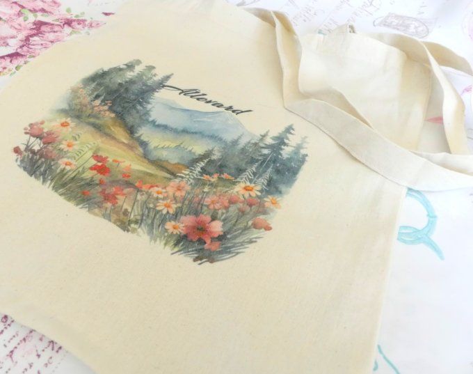 Tote bag écru imprimé montagne