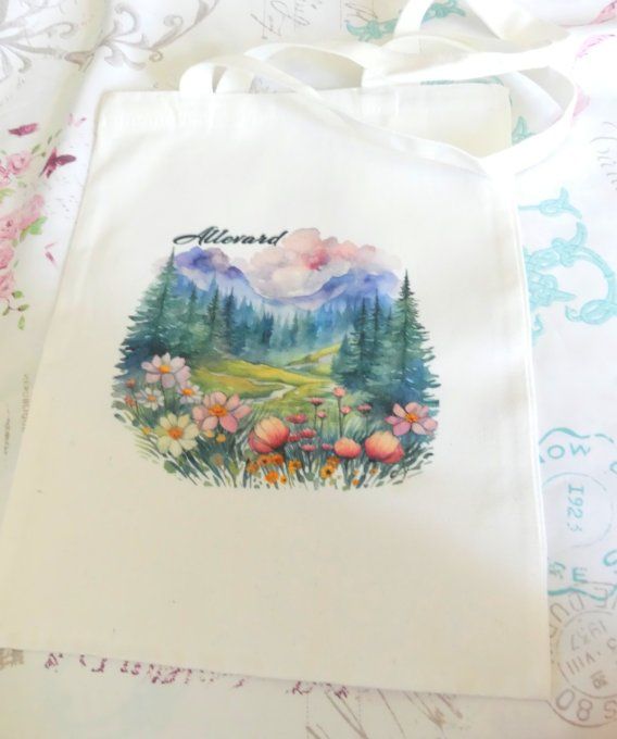 Tote bag en coton blanc imprimé montagne