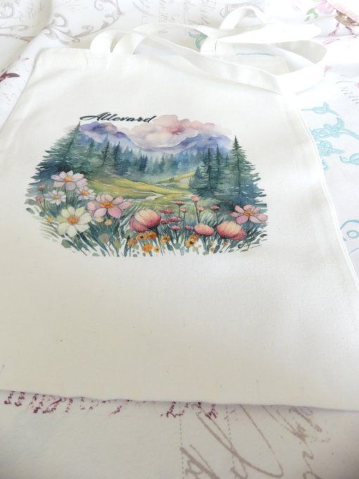 Tote bag en coton blanc imprimé montagne