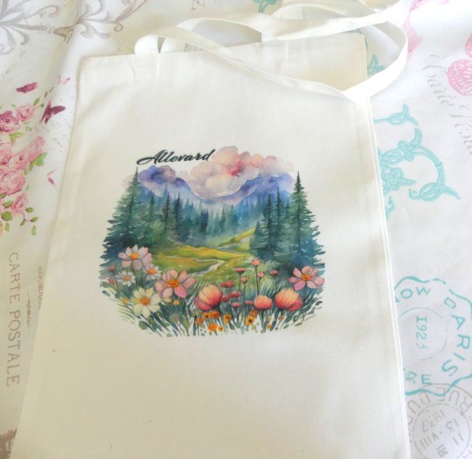 Tote bag en coton blanc imprimé montagne