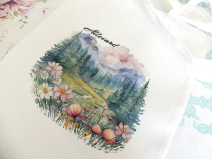 Tote bag en coton blanc imprimé montagne