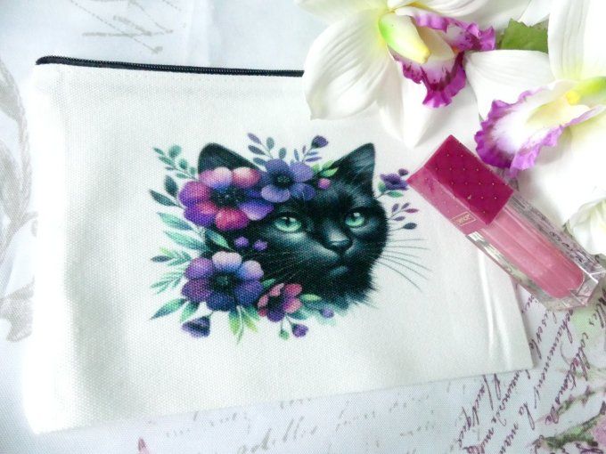 Trousse de toilette blanche chat noir et violet